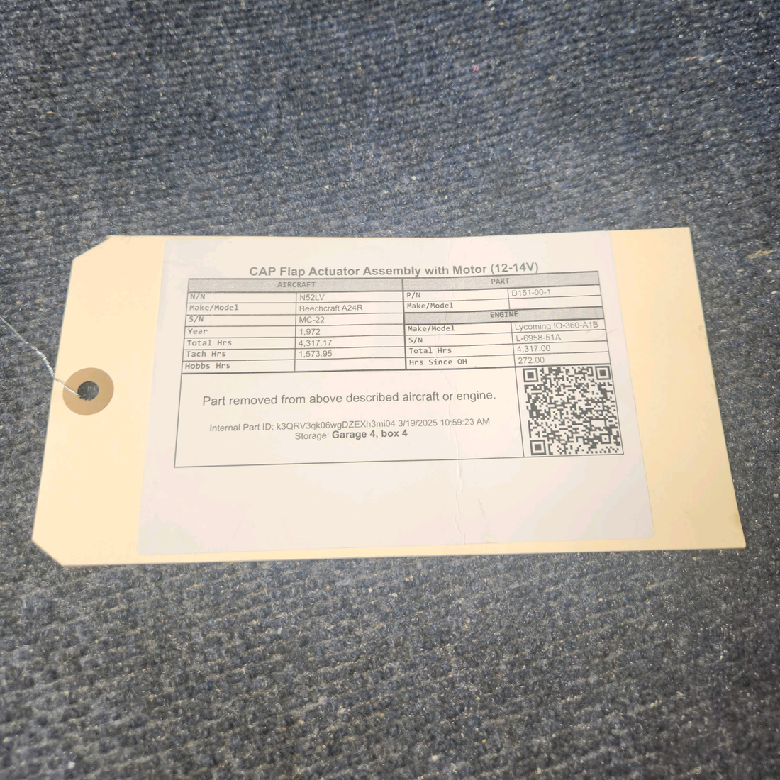 Used aircraft parts for sale, D151-00-1 Beechcraft A24R CAP Flap Actuator Assembly with Motor (12-14V)