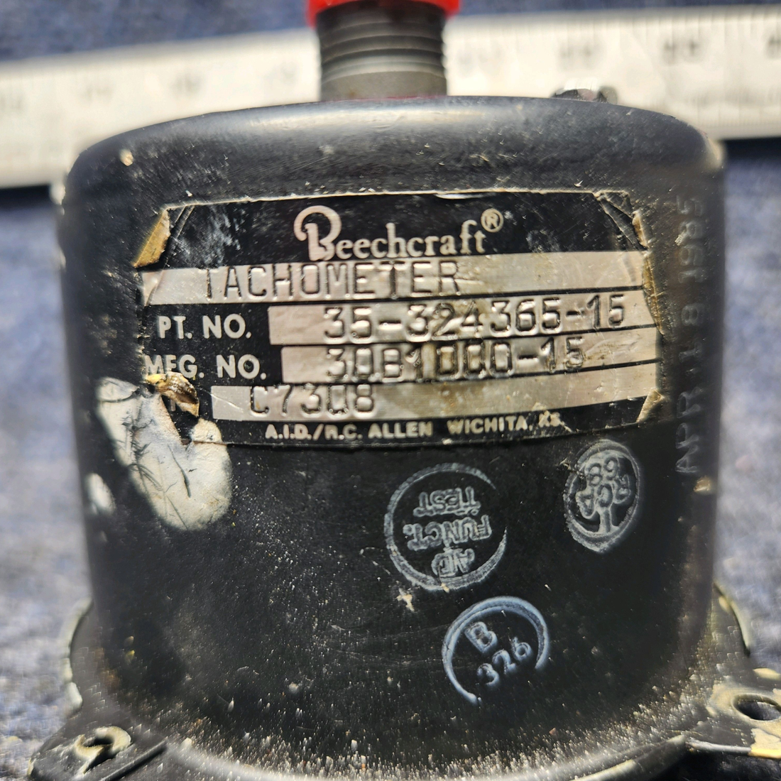 Used aircraft parts for sale, 35-324365-15 Beechcraft A24R Tachometer Indicator TT 1584.31