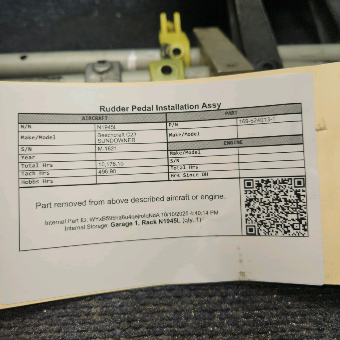 Used aircraft parts for sale, 169-524013-1 Beechcraft C23 SUNDOWNER Rudder Pedal Installation Assy