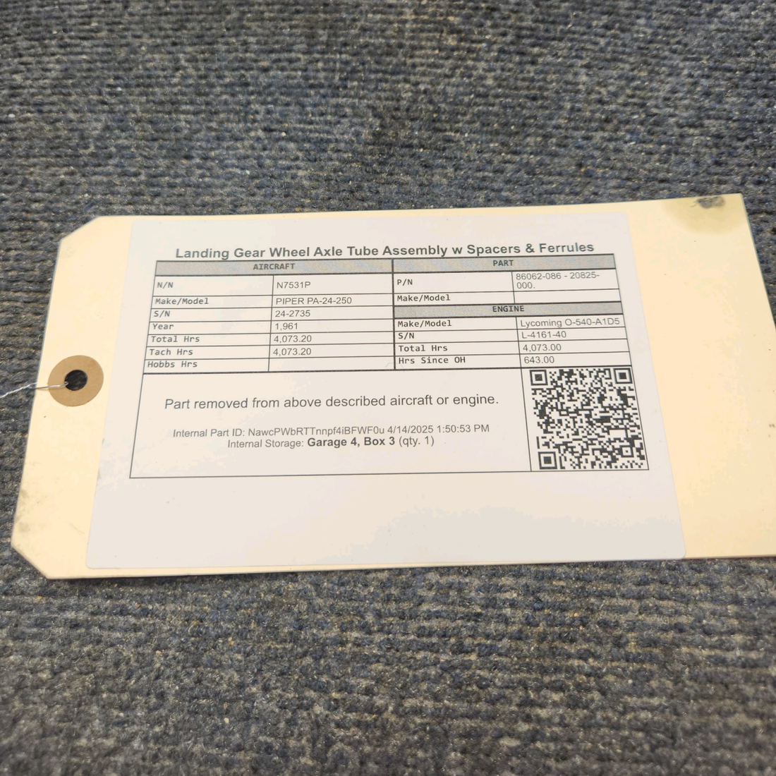 Used aircraft parts for sale, 86062-086 / 20825-000 PIPER PA-24-250 Landing Gear Wheel Axle Tube Assembly w Spacers & Ferrules