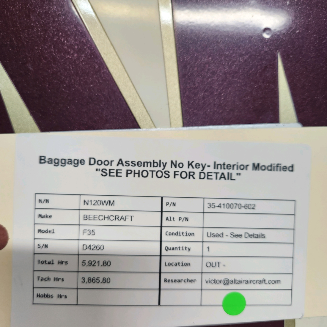Used aircraft parts for sale, 35-410070-602 BEECHCRAFT F35 BAGGAGE DOOR ASSEMBLY NO KEY- INTERIOR MODIFIED "SEE PHOTOS FOR DETAIL"