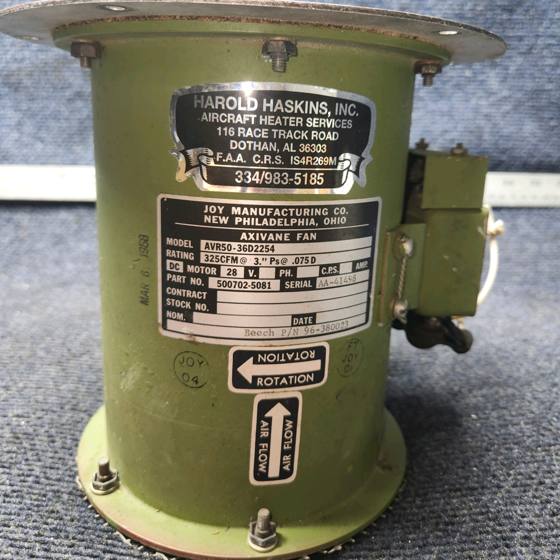 Used aircraft parts for sale, 500702-5081 Joy Manufacturing BEECHCRAFT 95-55B Axivane Heater Fan Motor 28 V
