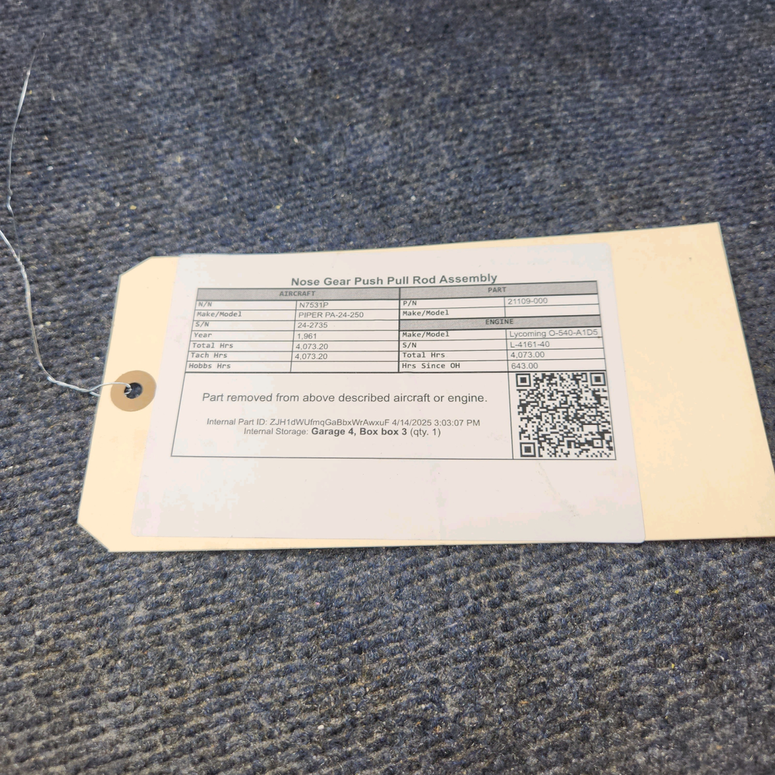 Used aircraft parts for sale, 21109-000 PIPER PA-24-250 Nose Gear Push Pull Rod Assembly