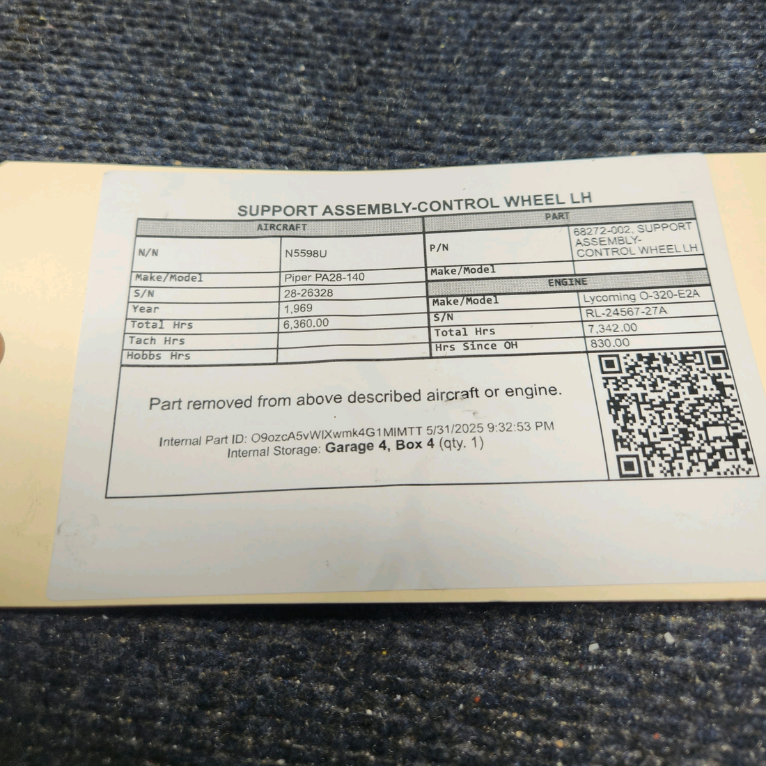 Used aircraft parts for sale, 68272-002 Piper PA28-140 Plate & Bushing Assy Yoke