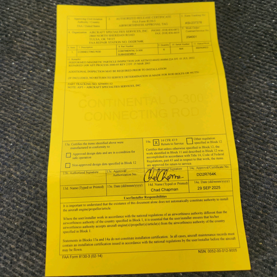 Used aircraft parts for sale, 530186 Continental O-300D Cessna 172F Connecting Rods