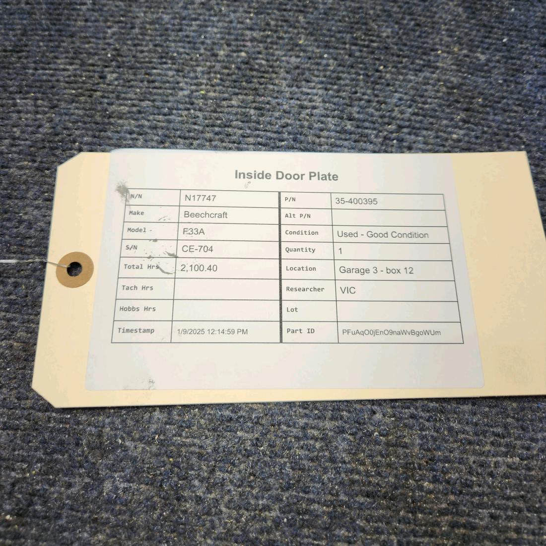 Used aircraft parts for sale, 35-400395 Beechcraft F33A INSIDE DOOR PLATE