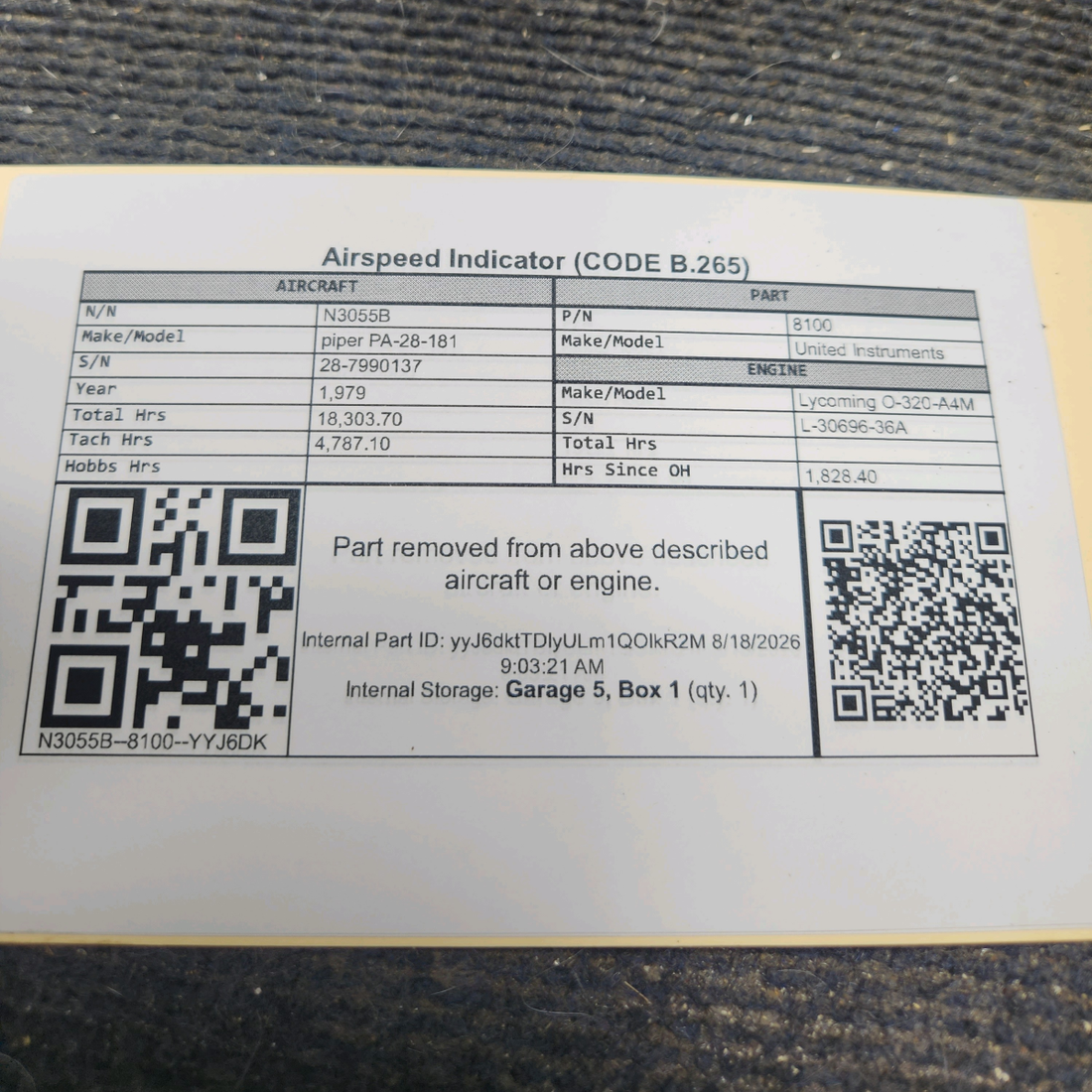 Used aircraft parts for sale, 8100 United Instruments piper PA-28-181 True Airspeed Indicator (CODE B.265)