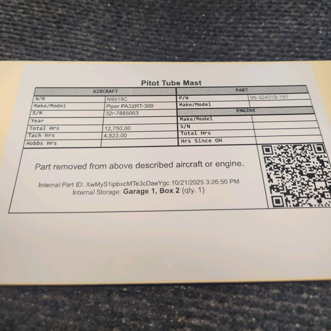 Used aircraft parts for sale, 95-324018-151 Piper PA32RT-300 Pitot Tube Mast