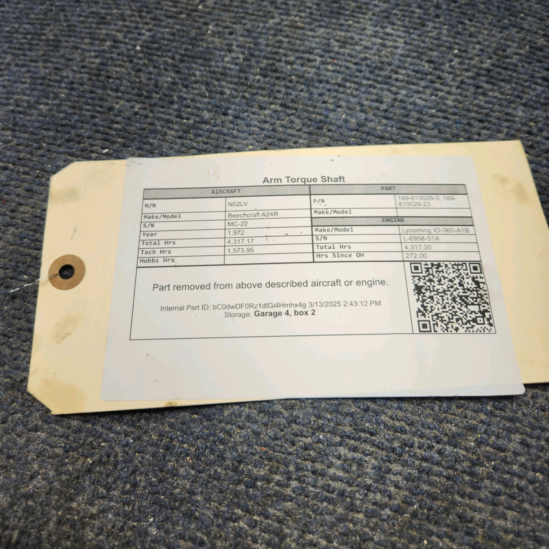 Used aircraft parts for sale, 169-810029-3 Beechcraft A24R Arm Torque Shaft