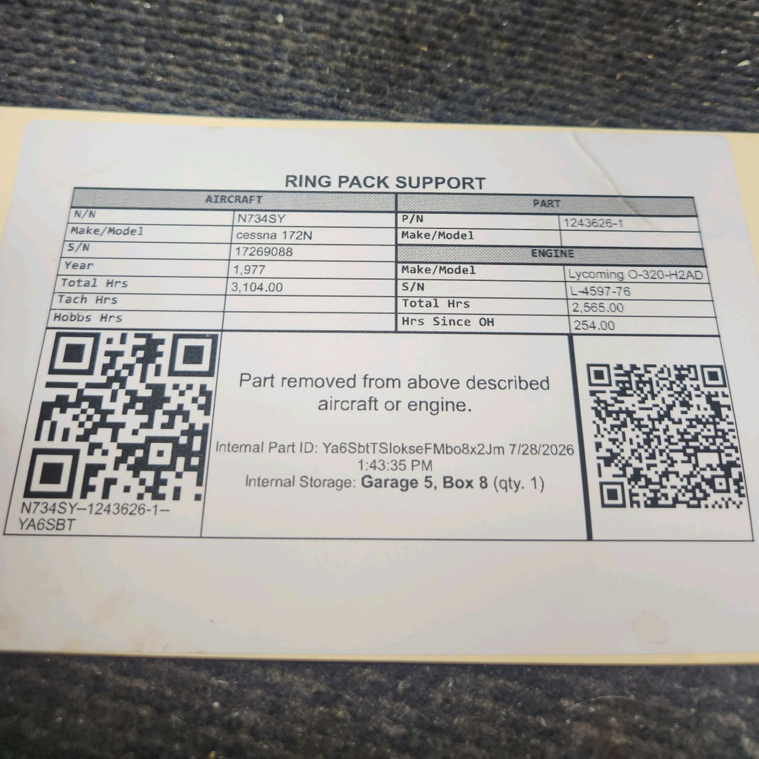 Used aircraft parts for sale, 1243626-1 cessna 172N Ring Pack Support
