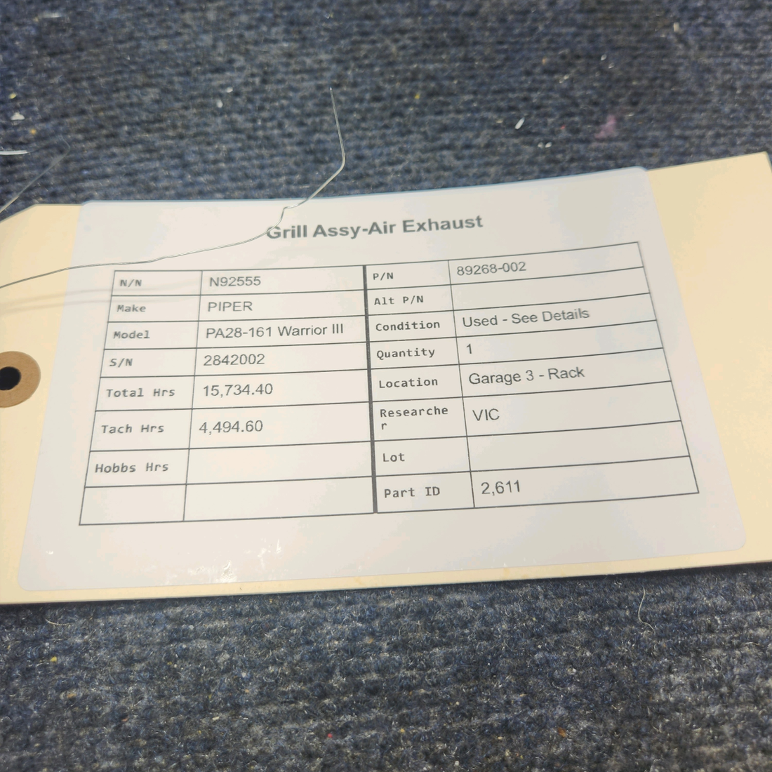 Used aircraft parts for sale, 89268-002 PIPER PA28-161 Warrior III GRILL ASSY-AIR EXHAUST