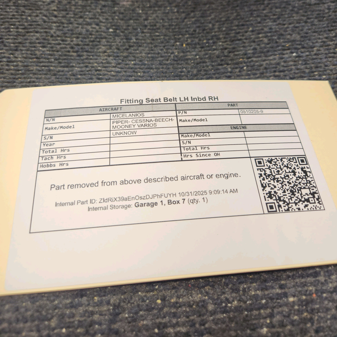 Used aircraft parts for sale, 0510205-9 Seat Belt Fitting – LH Inboard or RH Outboard