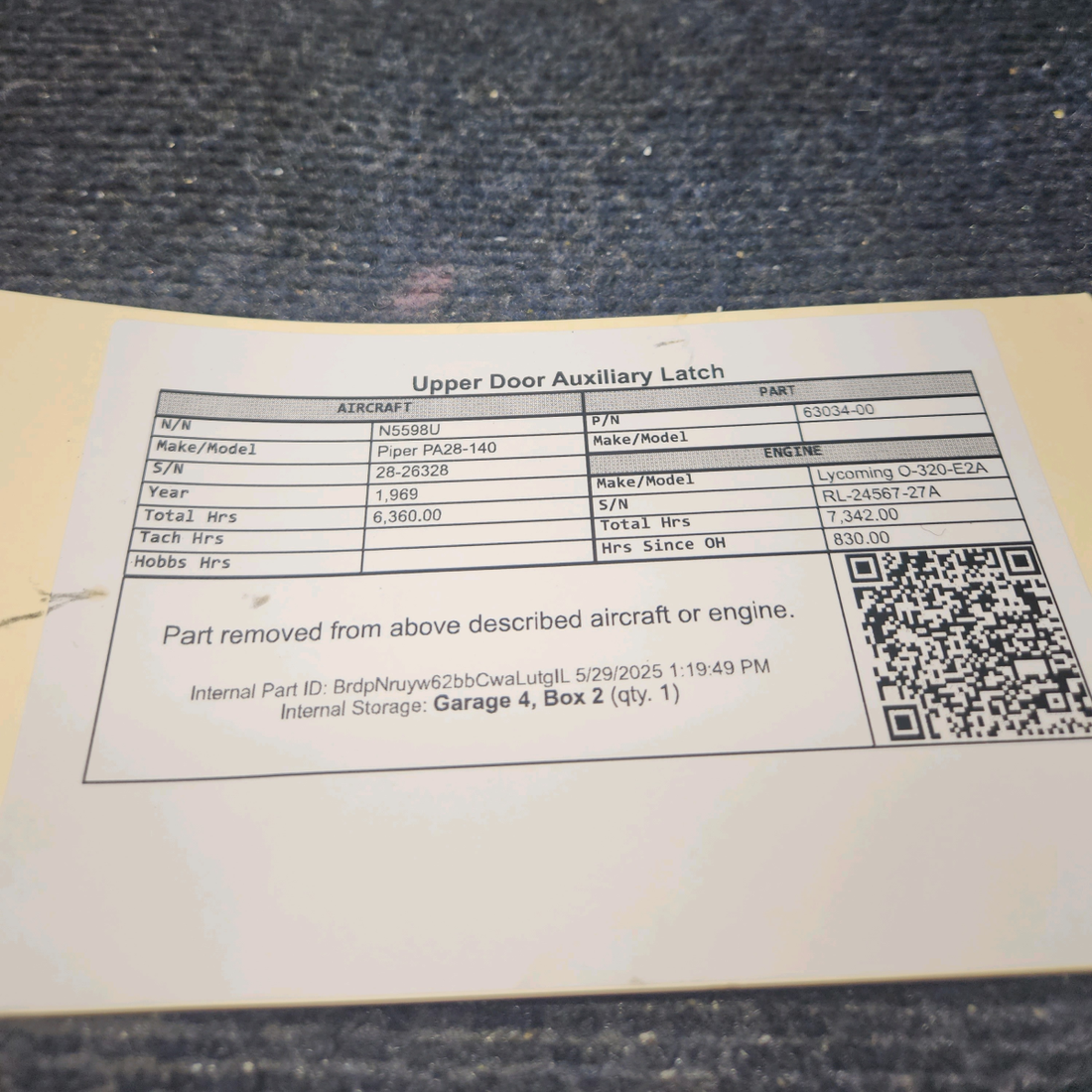 Used aircraft parts for sale, 63034-00 Piper PA28-140 Upper Door Auxiliary Latch