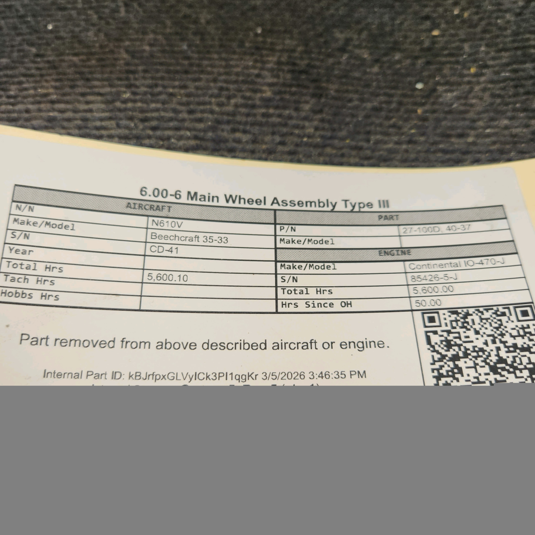 Used aircraft parts for sale, 27-100D Beechcraft 35-33 6.00-6 Main Wheel Assembly Type III