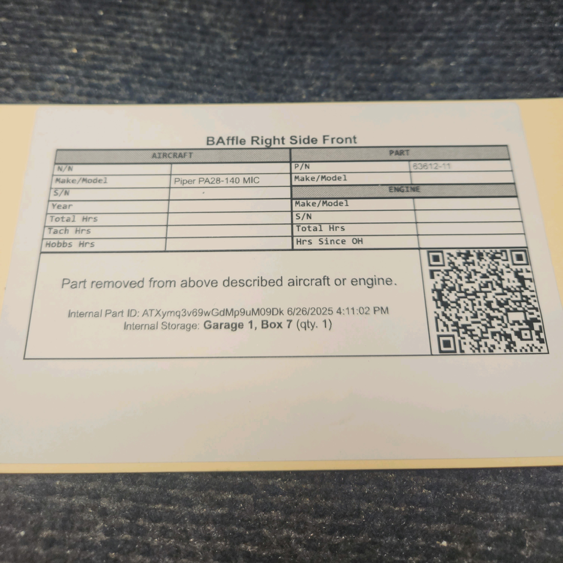 Used aircraft parts for sale, 63612-11 Piper PA28-140 Baffle Right Side Front