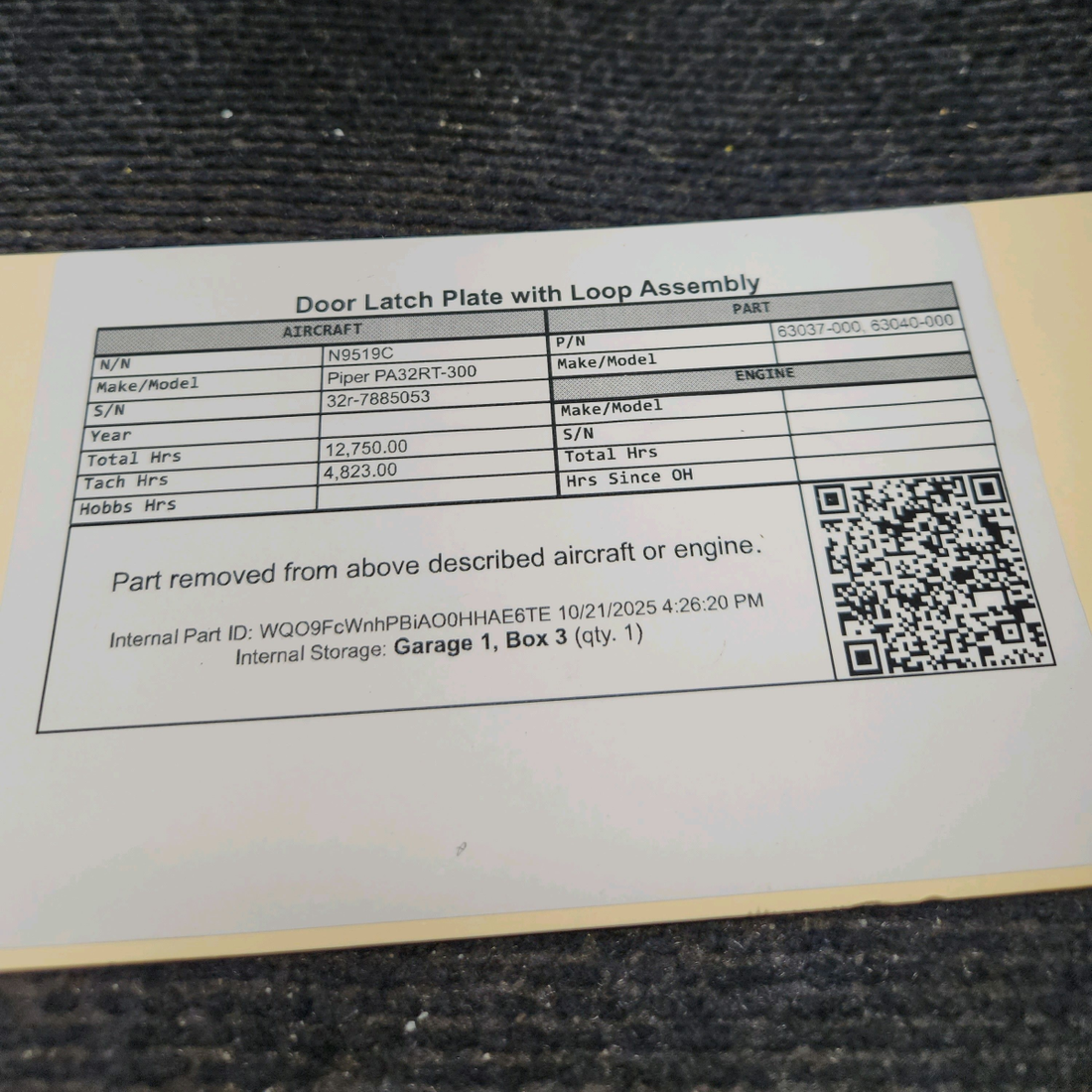 Used aircraft parts for sale, 63037-000 Piper PA32RT-300 Door Latch Plate with Loop Assembly