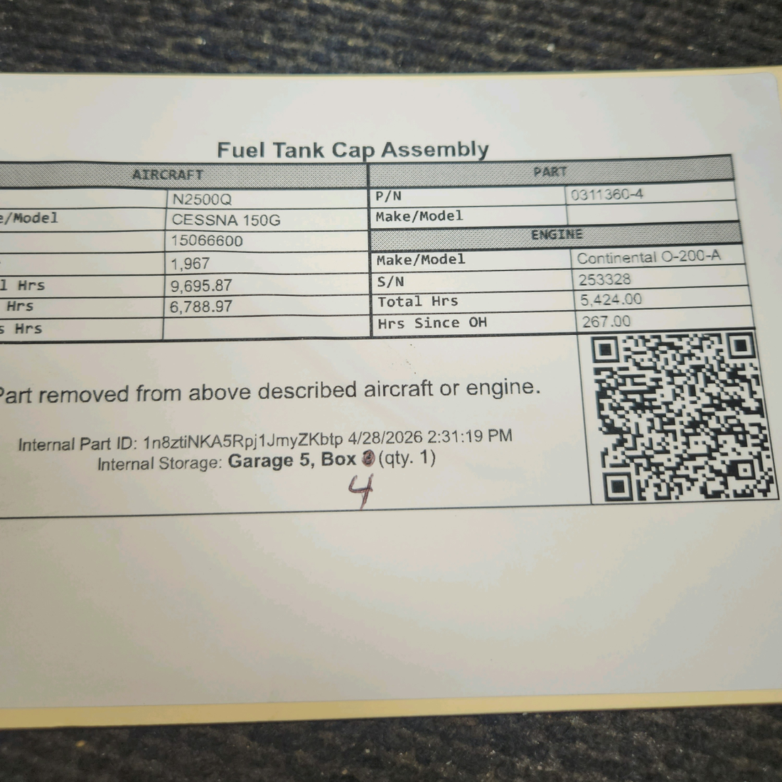 Used aircraft parts for sale, 0311360-4 cessna 150G Fuel Tank Cap Assembly