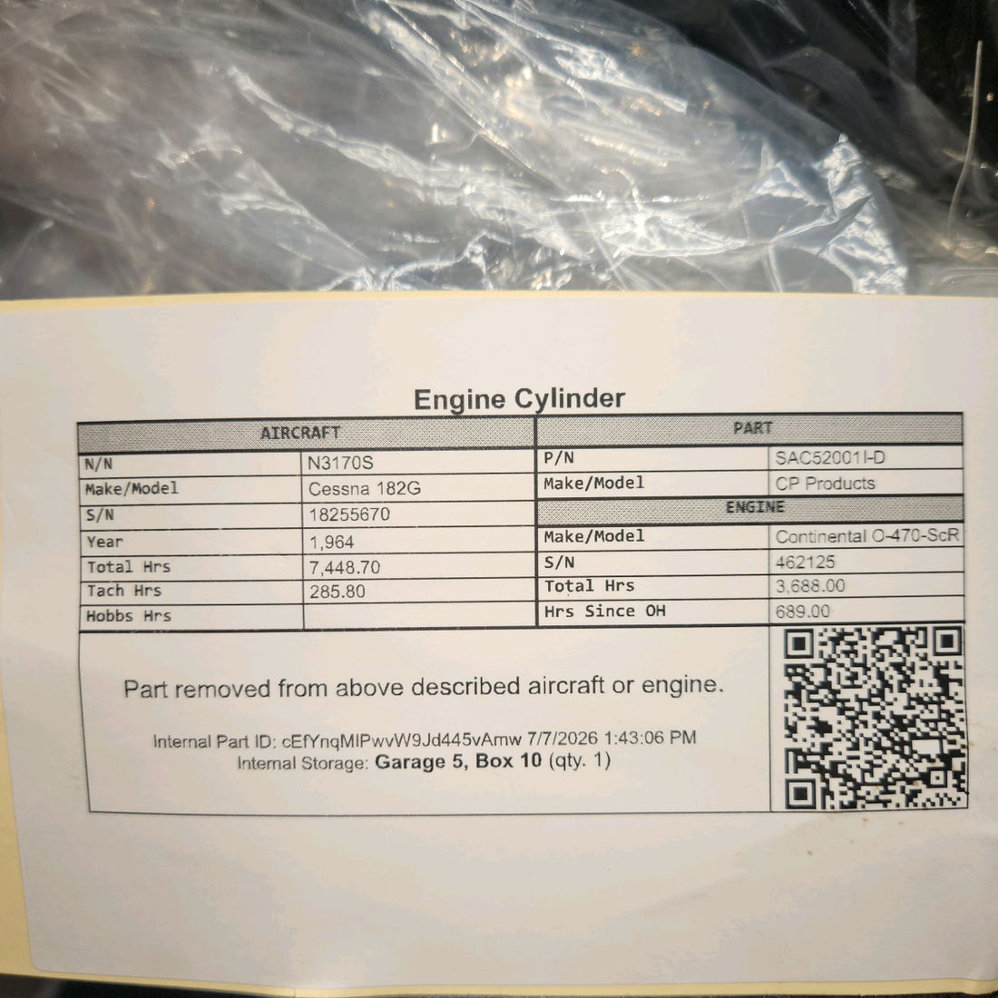 Used aircraft parts for sale, SA47000S-A1 Superior O-470 Cessna 182G Engine Cylinder