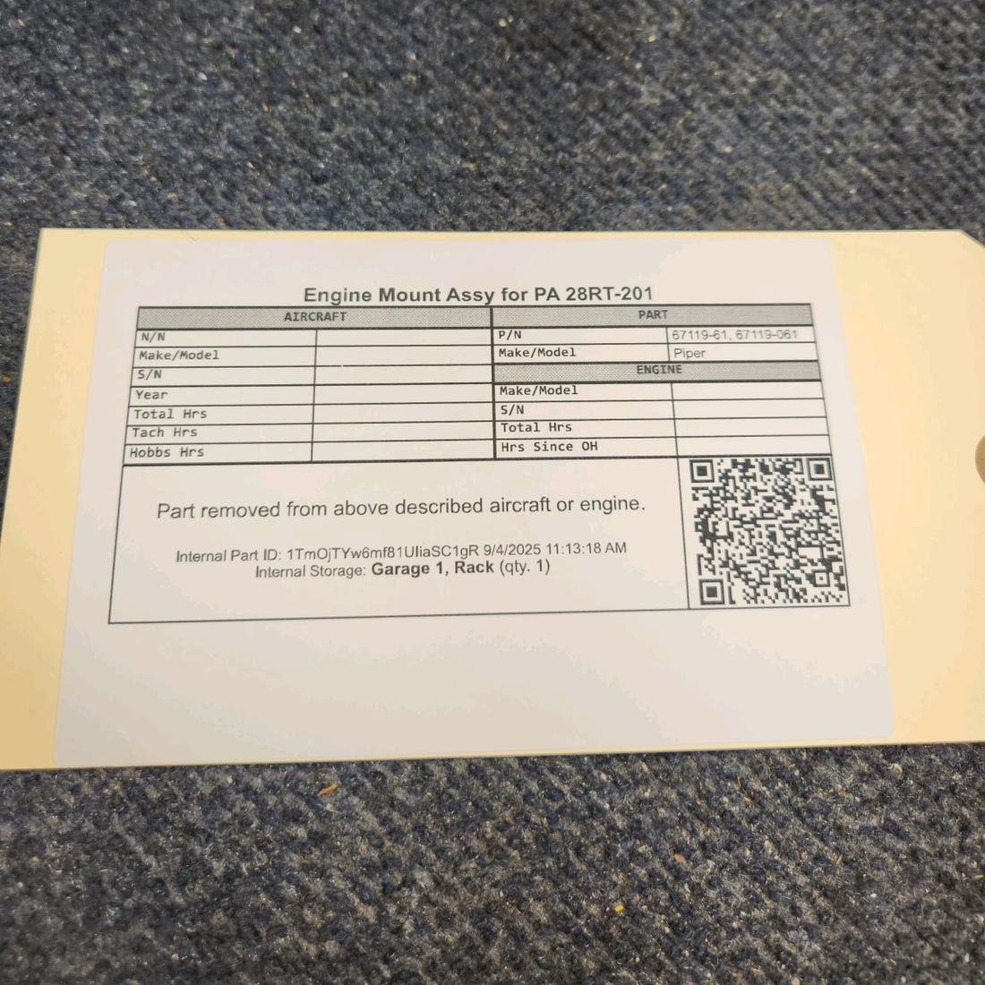 Used aircraft parts for sale, 67119-61 Piper Piper PA 28RT-201 Engine Mount Assy