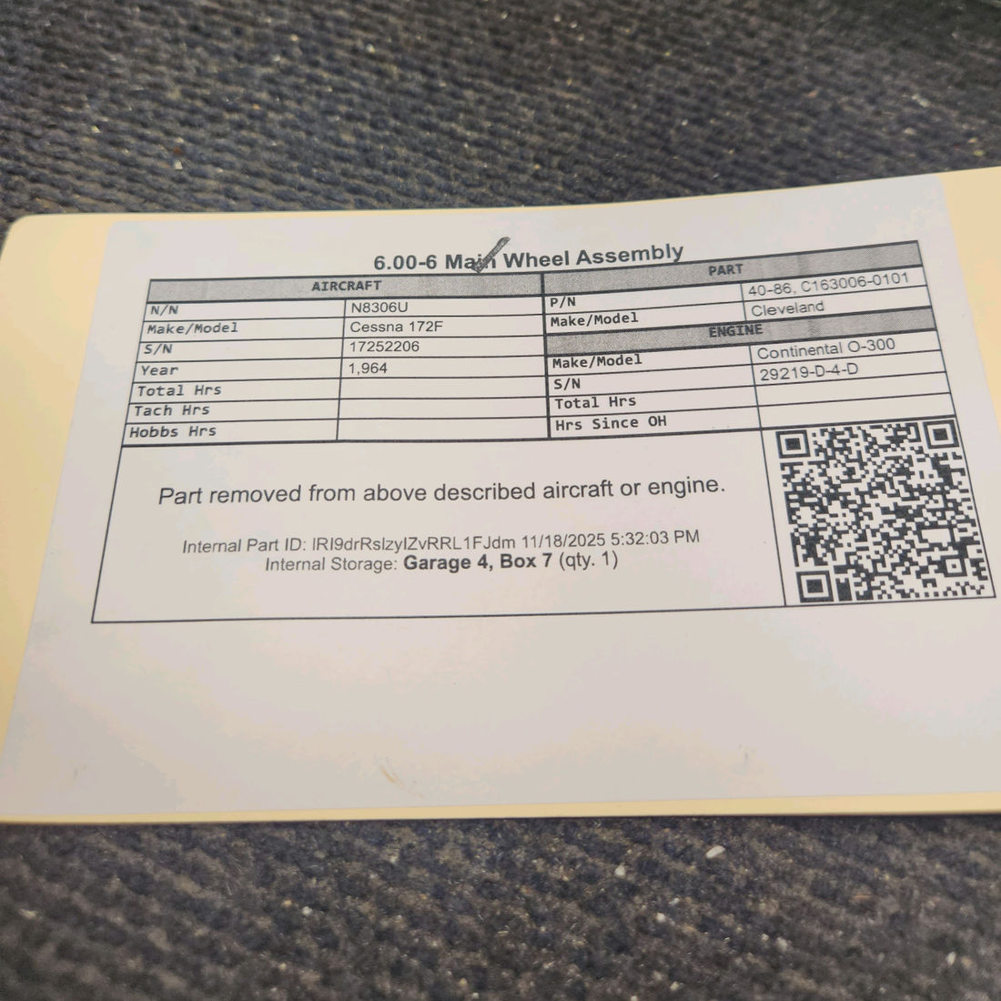 Used aircraft parts for sale, 40-86 Cleveland Cessna 172F 6.00-6 Main Wheel Assembly