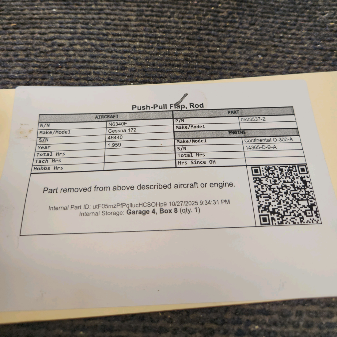 Used aircraft parts for sale, 0523537-2 Cessna 172 Push-Pull Flap, Rod