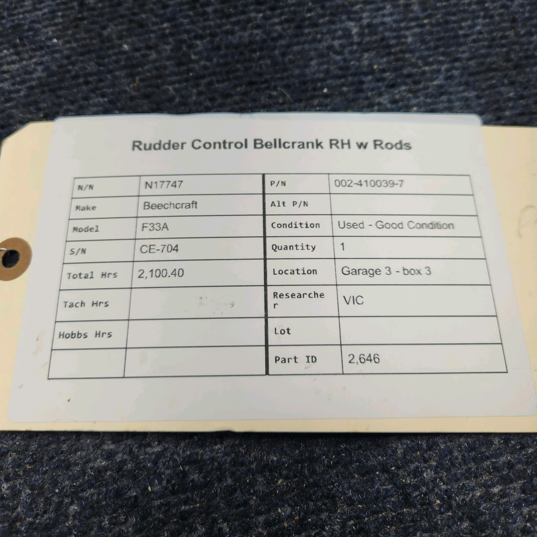 Used aircraft parts for sale, 002-410039-7 Beechcraft F33A RUDDER CONTROL BELLCRANK RH W RODS