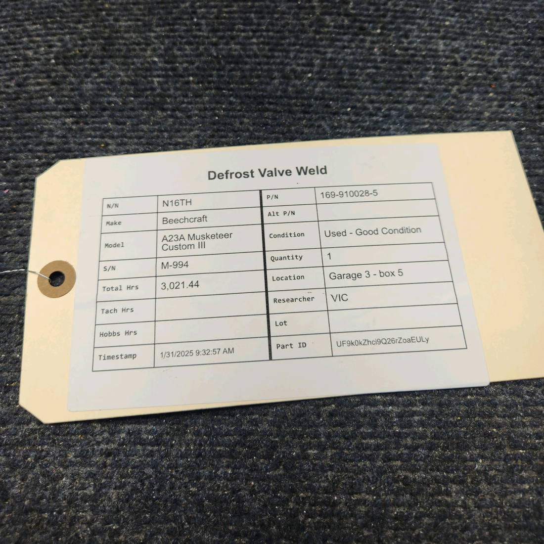 Used aircraft parts for sale, 169-910028-5 Beechcraft A23A Musketeer Custom III DEFROST VALVE WELD