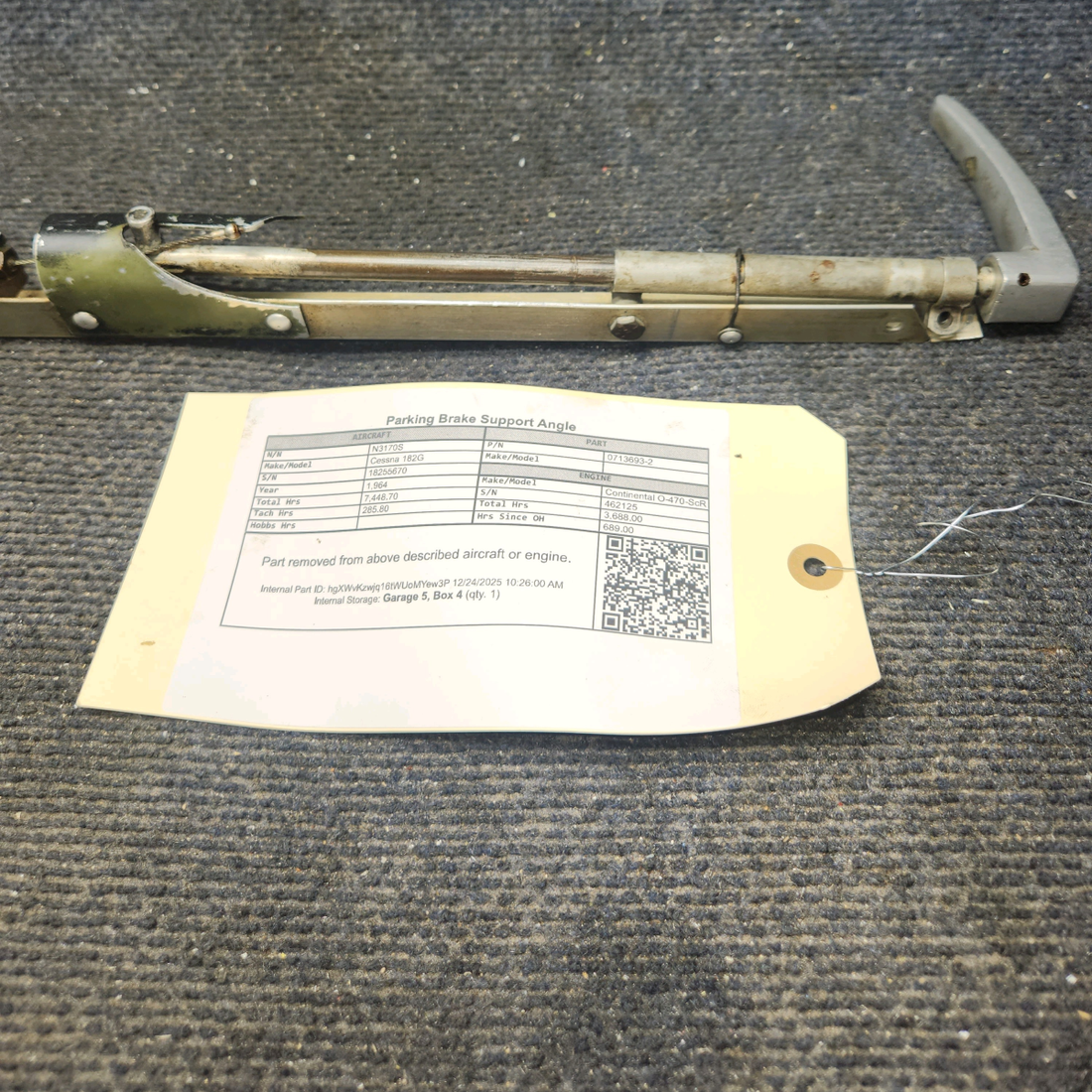 Used aircraft parts for sale, 0713693-2 Cessna 182G Parking Brake Support Angle