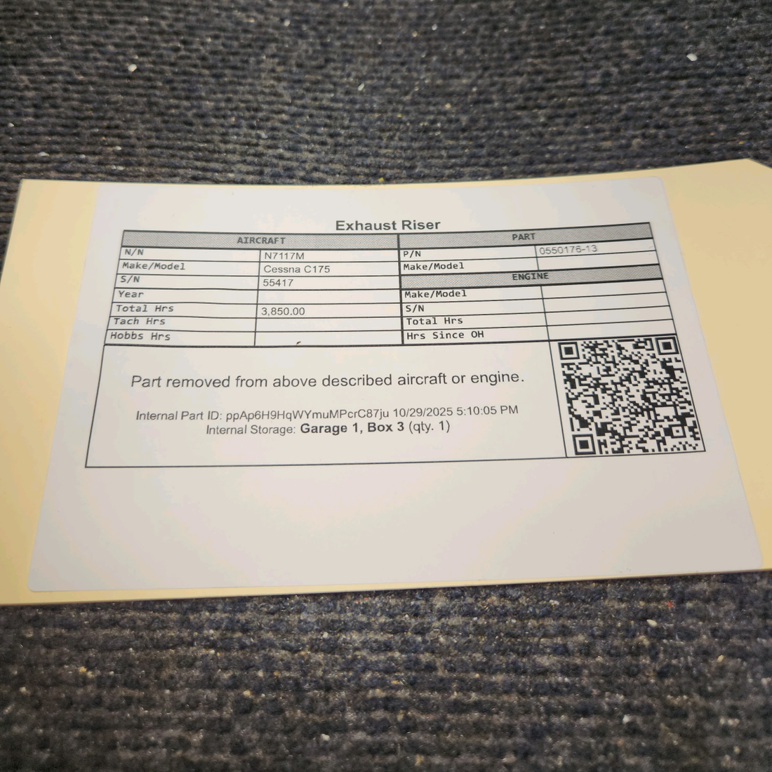 Used aircraft parts for sale, 0550176-14 Continental O-300 Cessna C175 Exhaust Riser