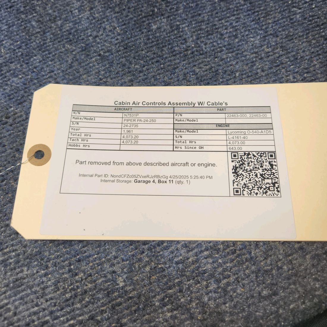 Used aircraft parts for sale, 22463-000 PIPER PA-24-250 Cabin Air Control Assembly W/ Cables