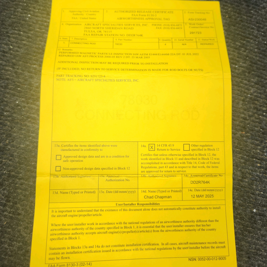 Used aircraft parts for sale, 78030 Lycoming O320 E2A CESSNA 172K Connection Rod w/ 8130 - set of 4