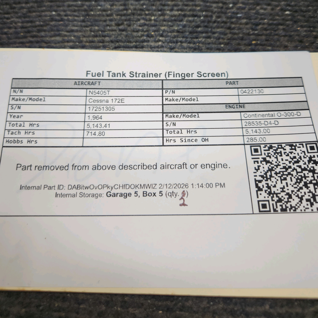 Used aircraft parts for sale, 0422130 Cessna 172E Fuel Tank Strainer (Finger Screen)