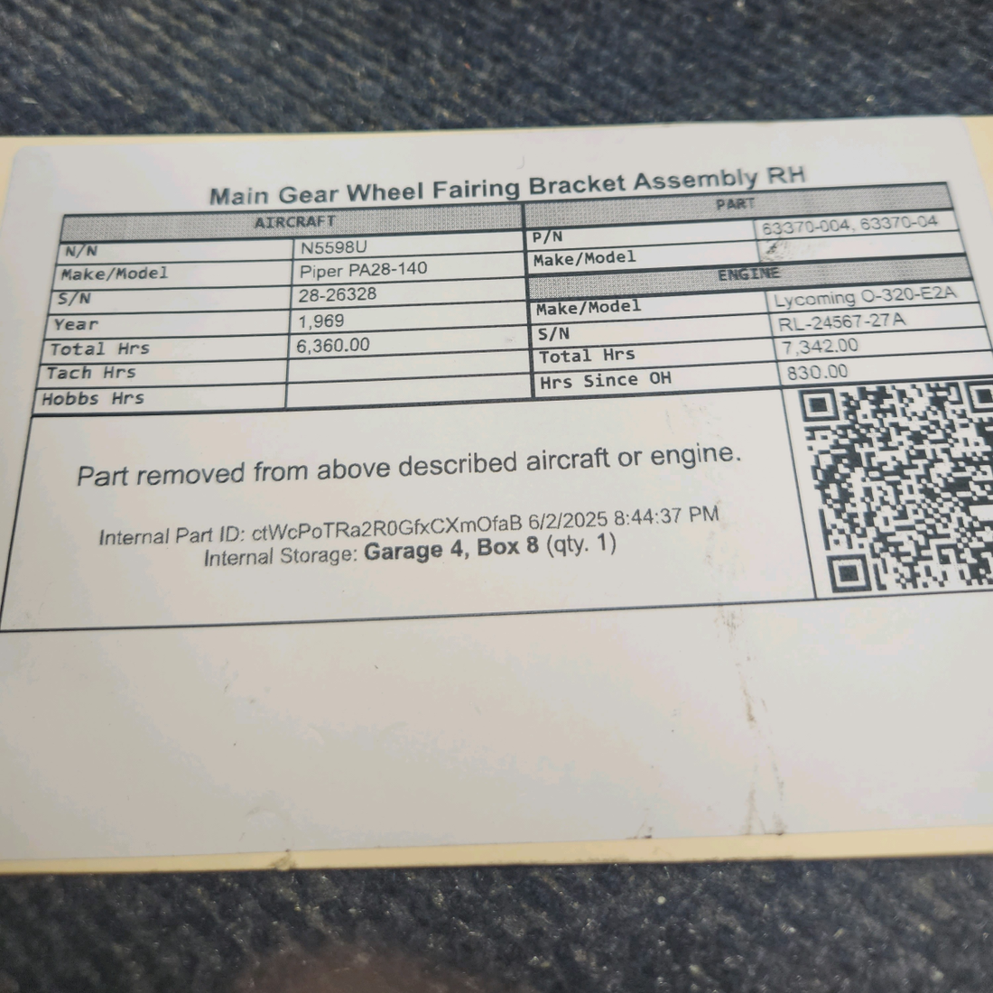 Used aircraft parts for sale, 63370-004 Piper PA28-140 Main Gear Wheel Fairing Bracket Assembly RH