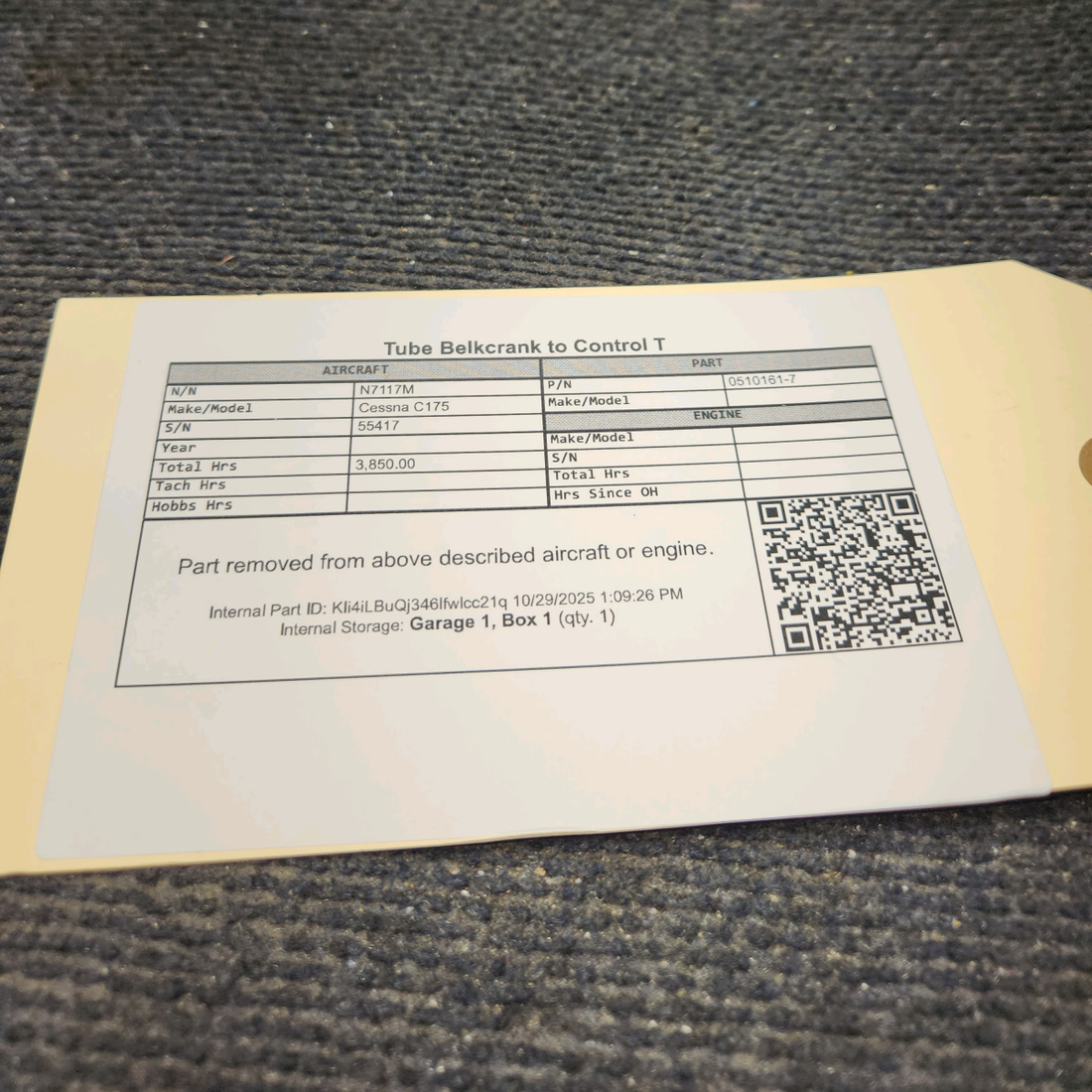 Used aircraft parts for sale, 0510161-7 Cessna C175 Tube - Bellcrank to Control T