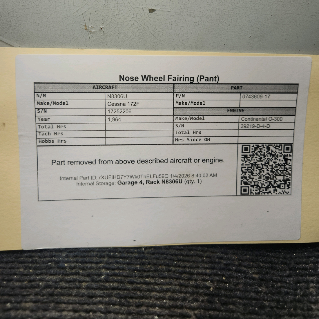 Used aircraft parts for sale, 0743609-17 Cessna 172F Nose Wheel Fairing (Pant)