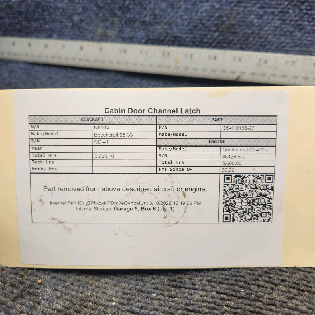 Used aircraft parts for sale, 35-410456-27 Beechcraft 35-33 Cabin Door Channel Latch