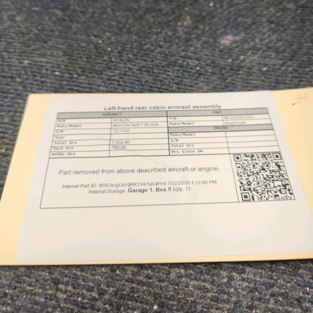 Used aircraft parts for sale, 96-534024-33C BEECHCRAFT 95-55B Rear Cabin Armrest Assembly - LH