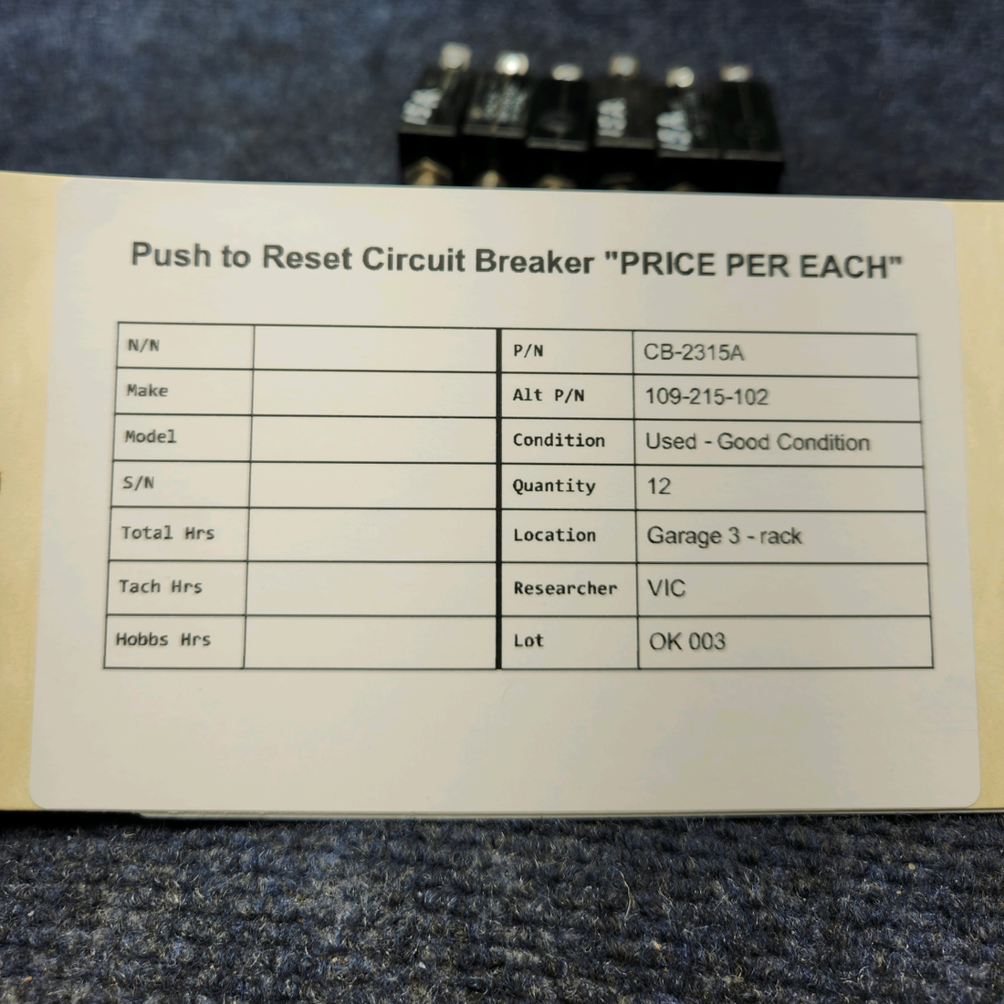 Used aircraft parts for sale, CB-2315A Wood Electric PUSH TO RESET CIRCUIT BREAKER "PRICE PER EACH"