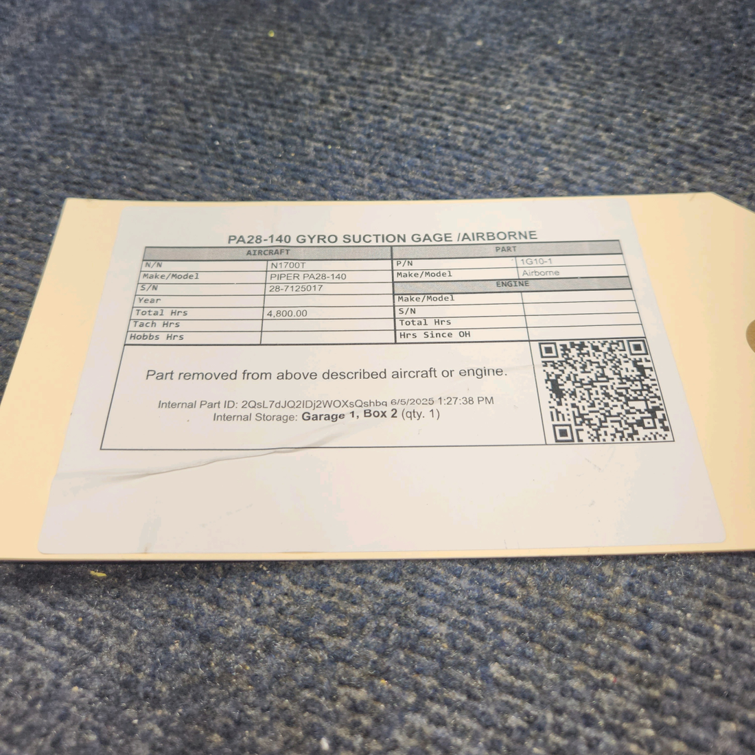 Used aircraft parts for sale, 1G10-1 Airborne PIPER PA28-140 Gyro Suction Gage/Airborne