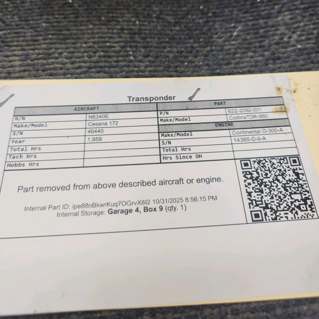 Used aircraft parts for sale, 622-2092-001 Collins TDR-950 Cessna 172 Transponder