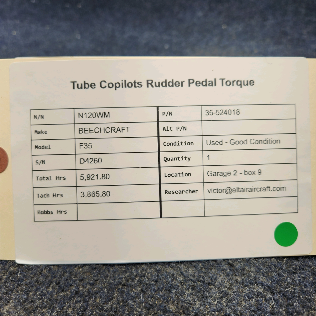 Used aircraft parts for sale, 35-524018 BEECHCRAFT F35 TUBE COPILOTS RUDDER PEDAL TORQUE
