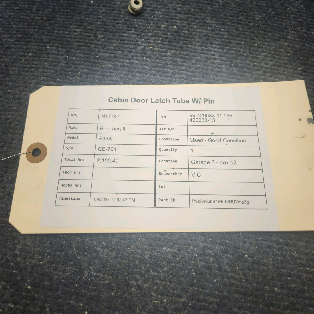 Used aircraft parts for sale, 96-420033-11 / 96-420033-13 Beechcraft F33A CABIN DOOR LATCH TUBE W/ PIN