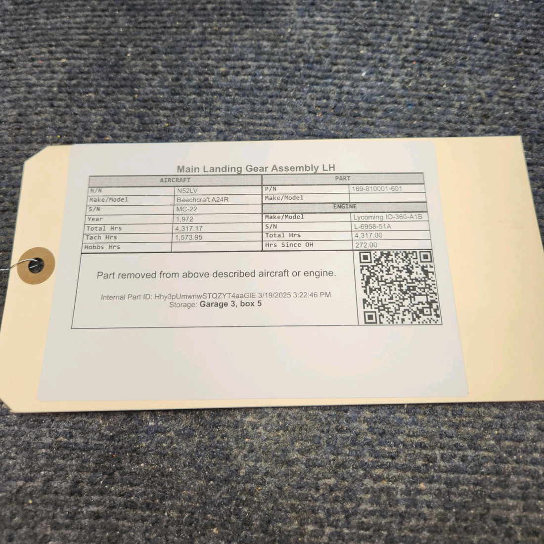 Used aircraft parts for sale, 169-810001-601 Beechcraft A24R Main Landing Gear Assembly LH