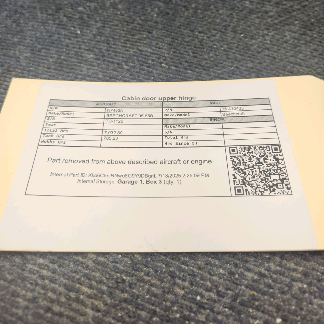 Used aircraft parts for sale, 35-410435 BEECHCRAFT 95-55B Cabin Door Upper Hinge