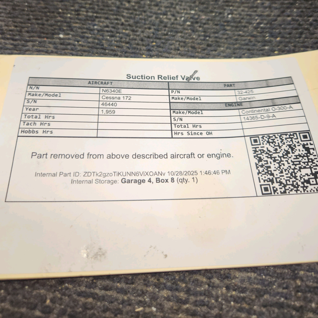 Used aircraft parts for sale, 32-425 Garwin Cessna 172 Suction Relief Valve