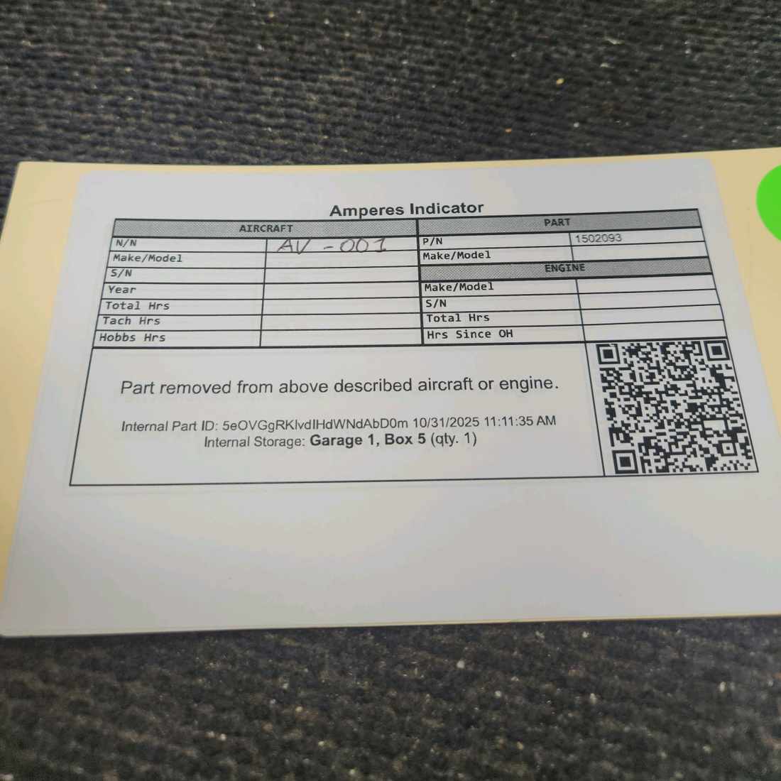 Used aircraft parts for sale, 1502093 Beechcraft S35, V35, V35A Amperes Indicator