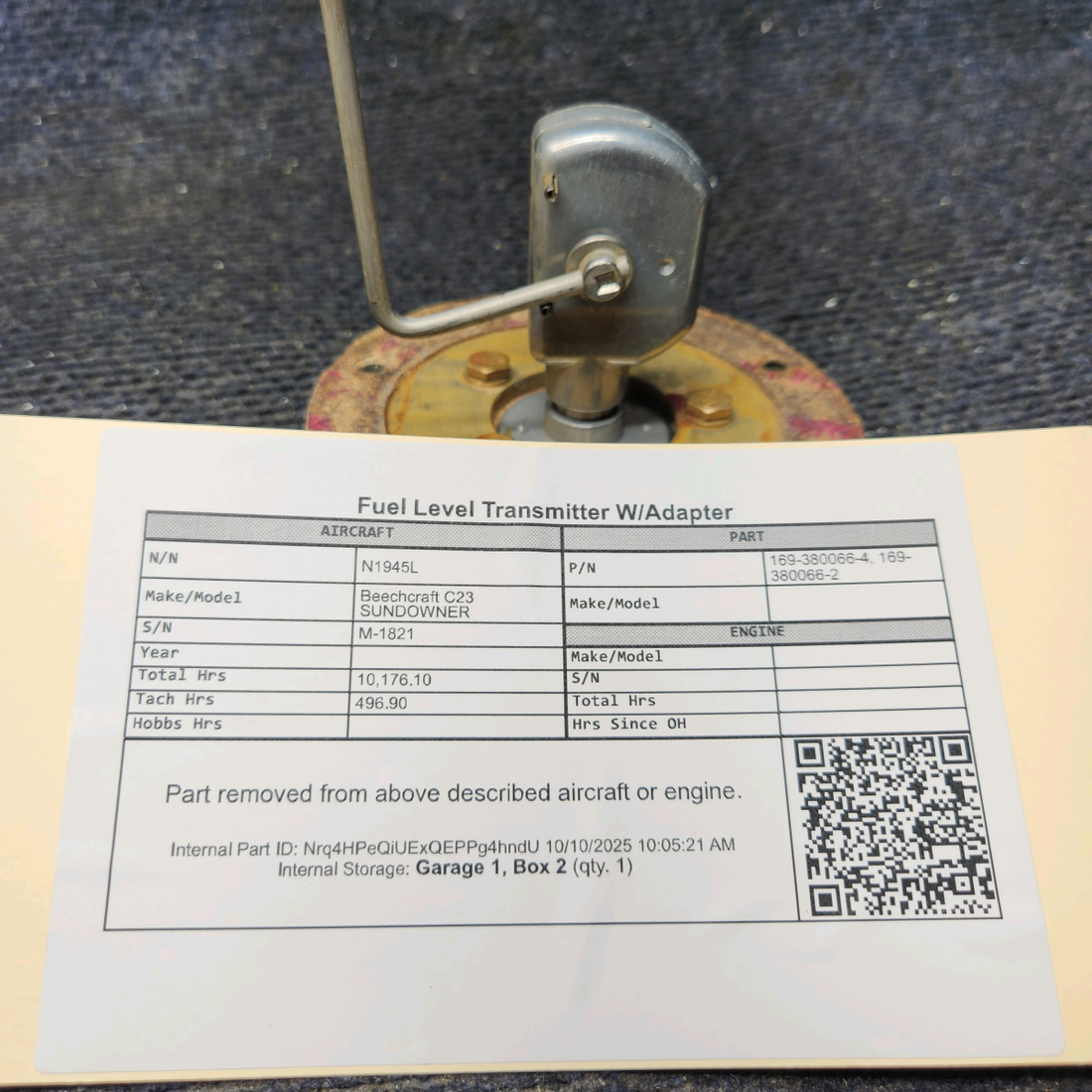 Used aircraft parts for sale, 169-380066-4 Beechcraft C23 SUNDOWNER Fuel Level Transmitter with Adapter