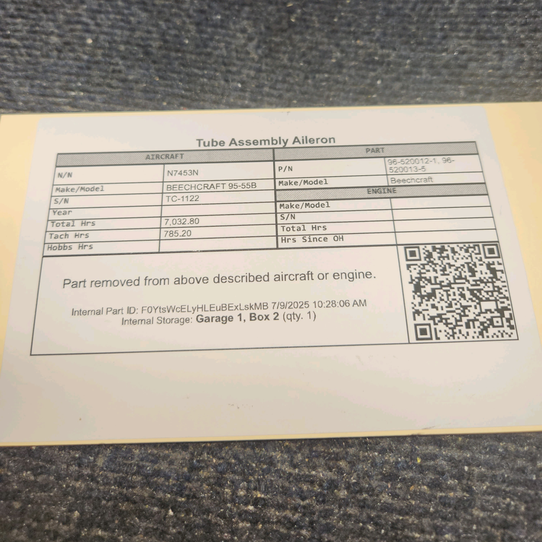 Used aircraft parts for sale, 96-520012-1 Beechcraft BEECHCRAFT 95-55B Tube Assembly Aileron