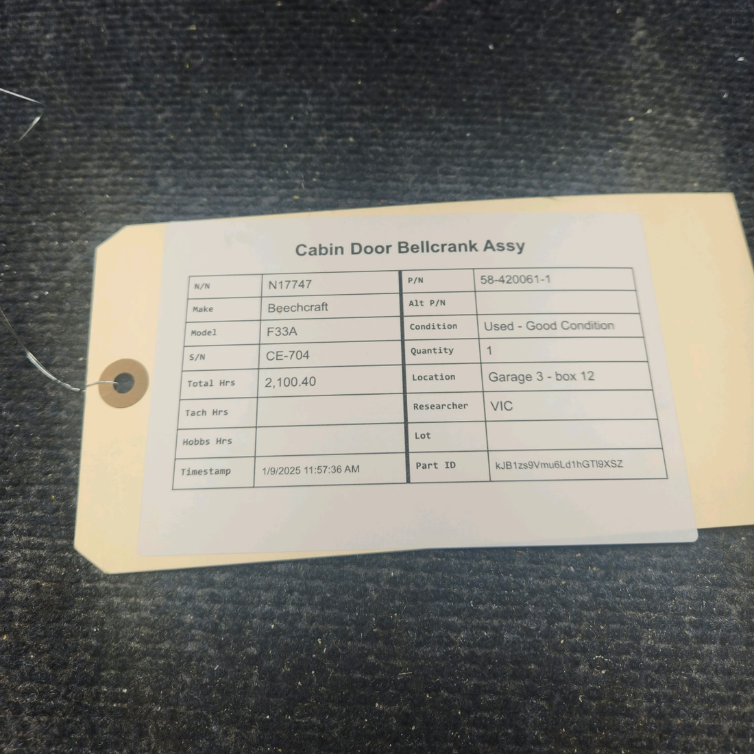 Used aircraft parts for sale, 58-420061-1 Beechcraft F33A CABIN DOOR BELLCRANK ASSY