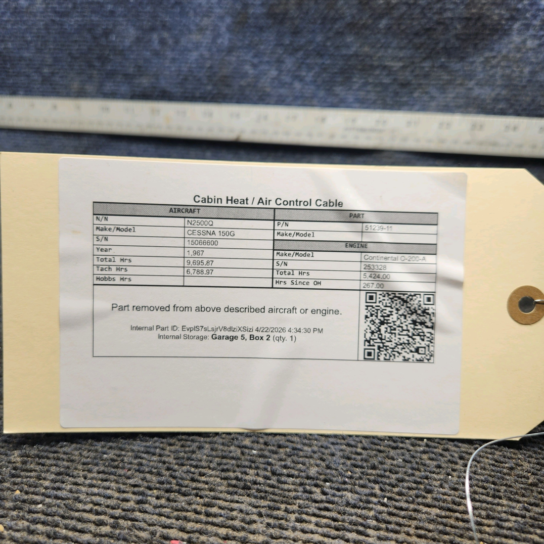 Used aircraft parts for sale, S1239-11 cessna 150G Cabin Heat Control Cable (36")